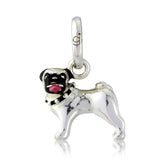 A sterling silver charm in the shape of a Pug dog with black, pink, and white enamel markings, suspended from a loop.